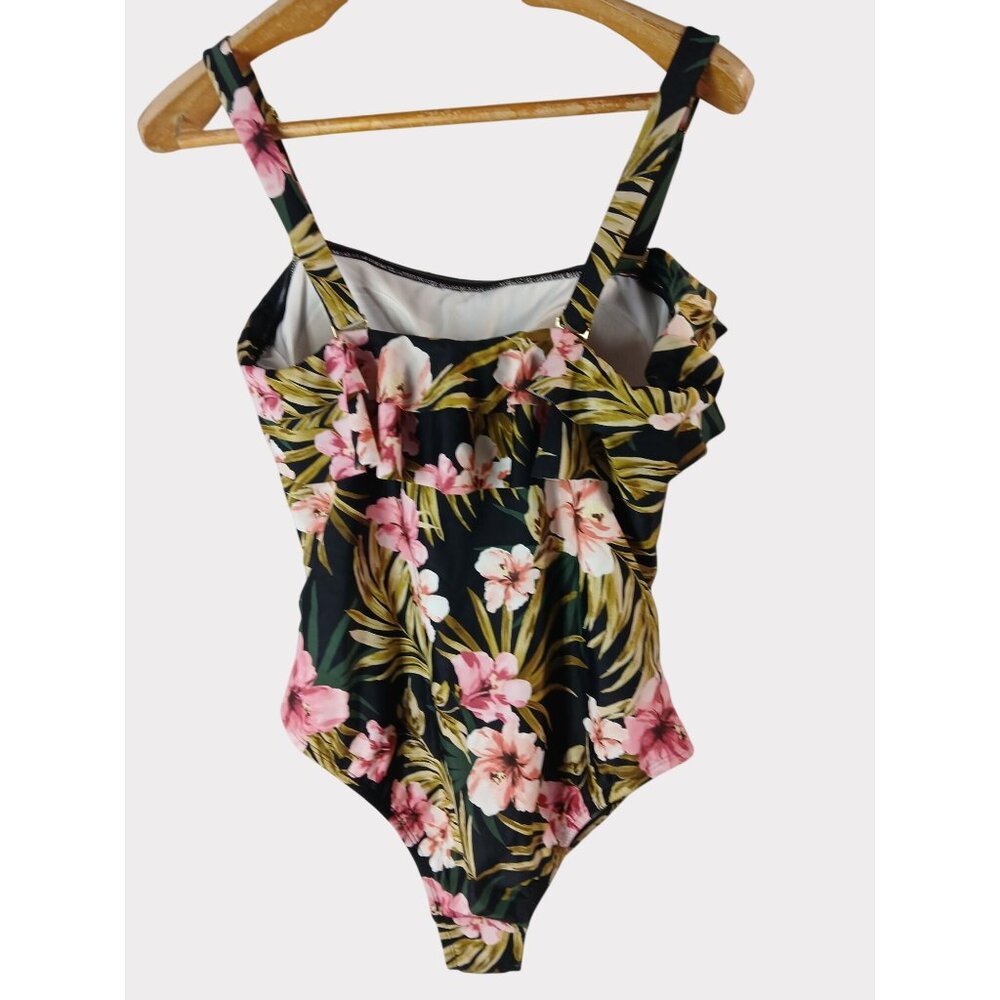 Kona Sol 16W Black Green Pink Floral Ruffle Front One Piece Swimsuit 16W Plus - Picture 3 of 13